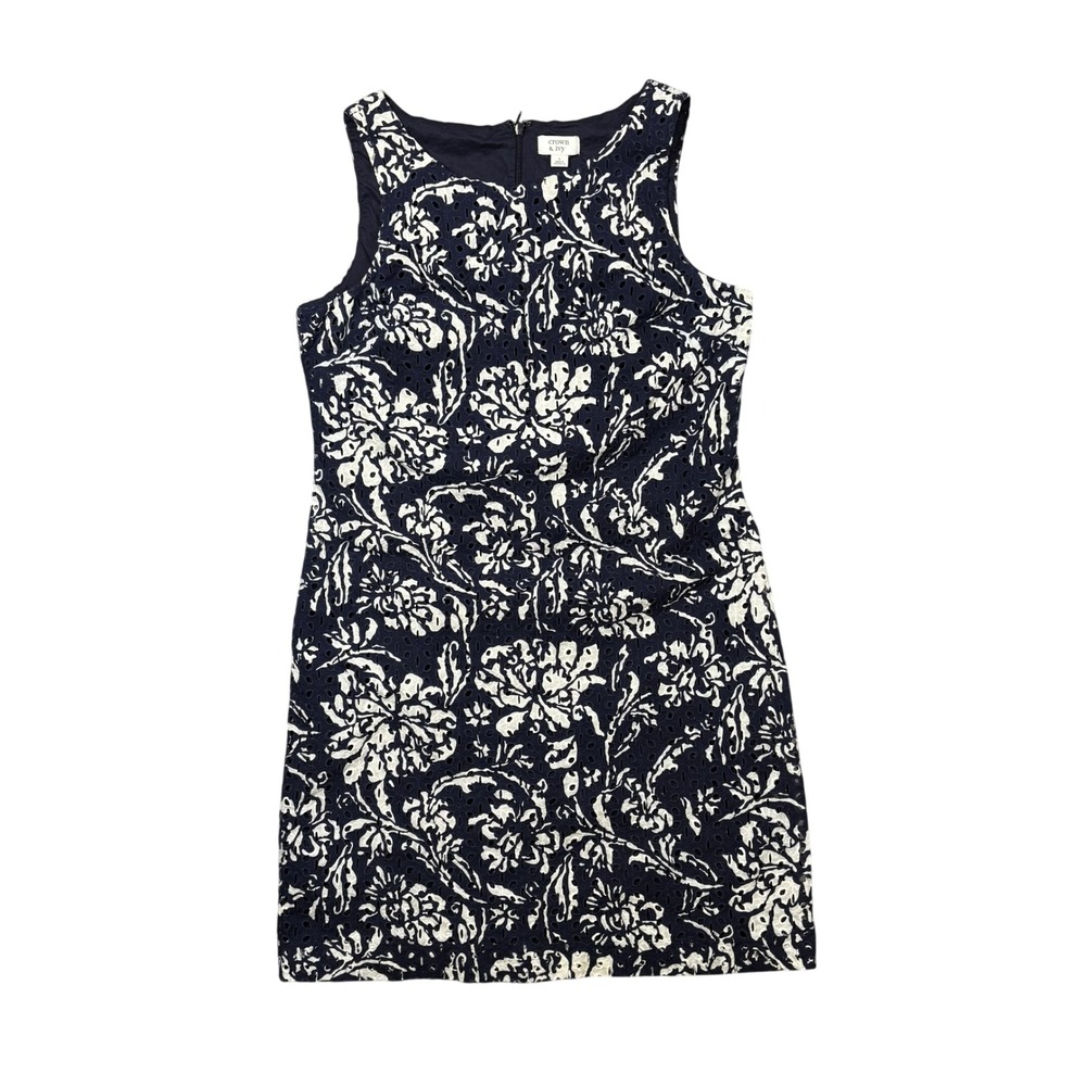 Crown & Ivy Womens Navy Blue White Floral Eyelet Shift Dress Size 6 Sleeveless